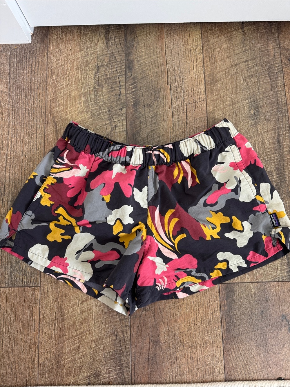 Patagonia Women's Floral Camo Athletic Shorts in Black, Pink & Yellow